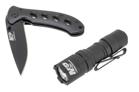 Smith & Wesson M&P Shield Plus PC subcompact pistol carry kit with knife and flashlight